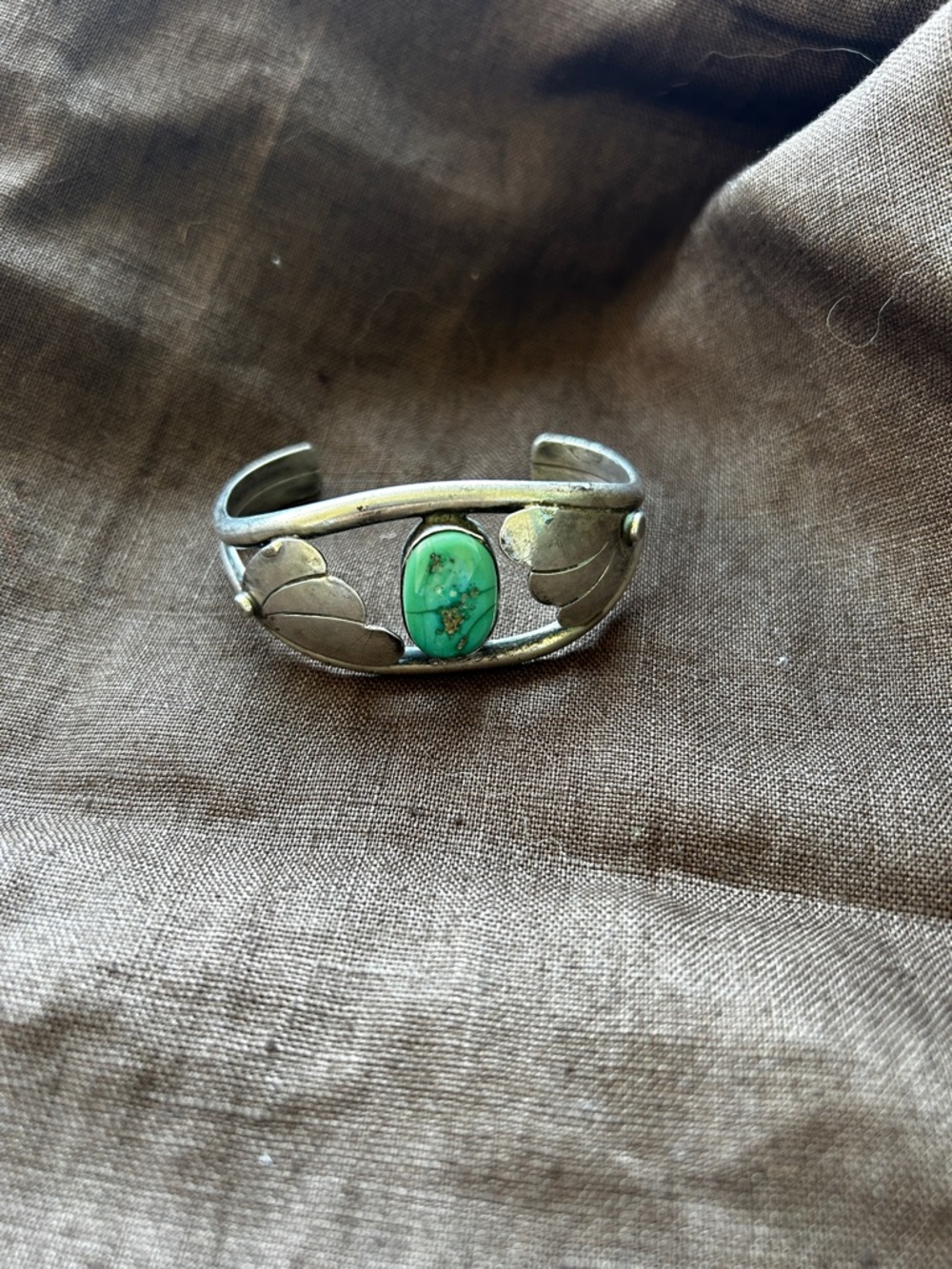 Turquoise Stone Silver Leaf Cuff Bracelet
